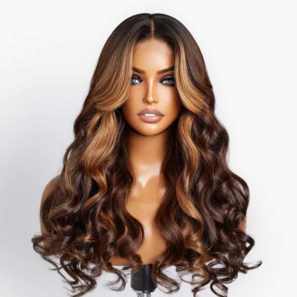 13x6 Skin Melt Lace Front Ombre Brown with Blonde Highlight Body Wave Wig Delicate Hairline