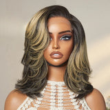 Ombre Blonde Layered Highlight Wavy Human Hair 180% Bob Lace Front Wig
