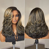 Ombre Blonde Layered Highlight Wavy Human Hair 180% Bob Lace Front Wig