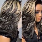 Ombre Blonde Layered Highlight Wavy Human Hair 180% Bob Lace Front Wig