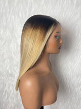 {LAST-PIECE-CLEARANCE} 9x6 Ombre Blonde Fitted Skin Melt Lace Straight Bob Drawstring Human Hair Wig
