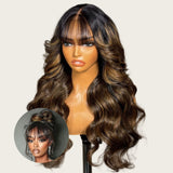 7x5 Drawstring Wavy with Bang Highlight Skin Melt Lace Fitted Pre-Cut Closure Wig