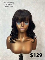 {LAST-PIECE-CLEARANCE} 7x5 Drawstring Skin Melt Lace Glueless Human Hair Wavy Wig with Bang