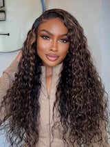 7x5 Drawstring Water Wave Brown Highlight Skin Melt Lace Fitted Pre-Cut Closure Wig