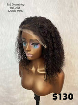 {LAST-PIECE-CLEARANCE} 9x6 Drawstring 4C Edege Skin Melt Lace Glueless Human Hair Curly Bob Wig