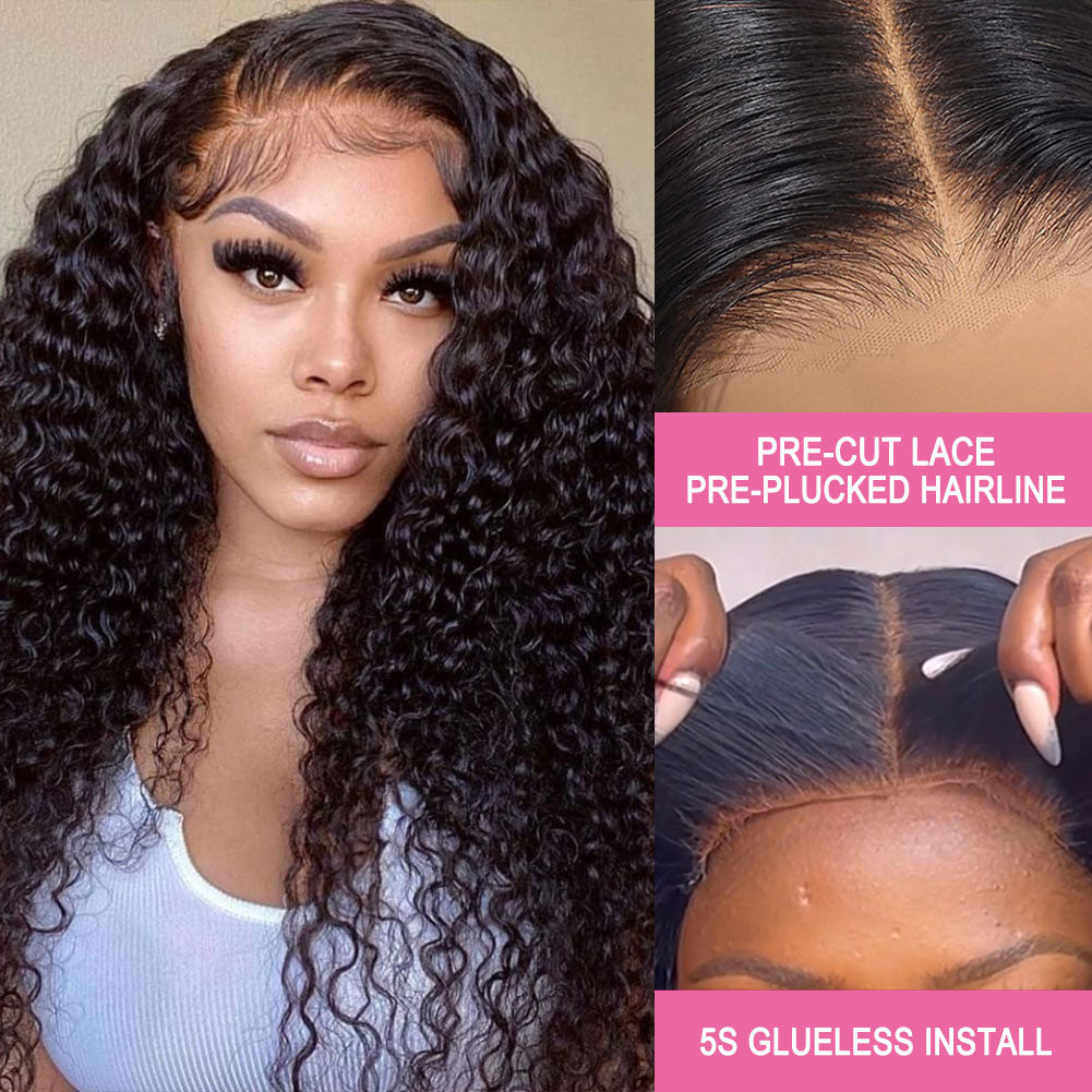 Glueless Lace Closure Wig Curly Pre-Cut Lace Human Hair Wig Pre-Bleached  Knots