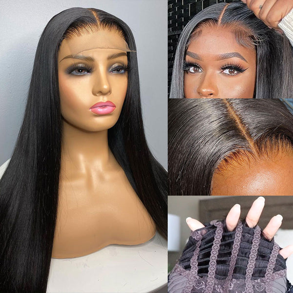 NEW Glueless Air Cap Skin Melt Swiss Lace Preplucked Human Hair Closure Wigs Straight