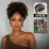 370 Fitted Cap Invisible Strap Skin Melt Lace Frontal Wig Highlight Curly with Coily Ends