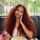 {Endofyear Clearance} 13x6 Full Hair Transparent Lace Human Hair 250% Frontal Wig Auburn Water Wave Reddish Brown