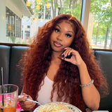 {Endofyear Clearance} 13x6 Full Hair Transparent Lace Human Hair 250% Frontal Wig Auburn Water Wave Reddish Brown