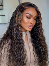 7x5 Drawstring Water Wave Brown Highlight Skin Melt Lace Fitted Pre-Cut Closure Wig
