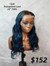 {LAST-PIECE-CLEARANCE} 13x4 Transparent Lace Human Hair Blue Highlight Wavy Wig