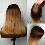 13x6 Knot-Free/9x6 Drawstring Human Hair Honey Mocha Ombre Straight Bob Lace Wig