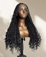 Boho Knotless Braids Box Braided Full Lace Human Hair Blend Invisible Strap Wig