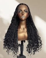 Boho Knotless Braids Box Braided Full Lace Human Hair Blend Invisible Strap Wig