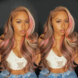 Pink Balayage Brown Highlight Blonde Human Hair Body Wave Lace Front Wig