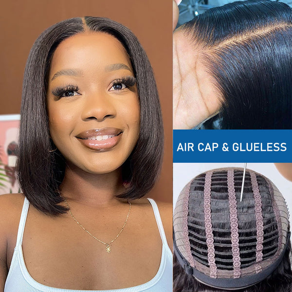 Glueless Air Cap Skin Melt Swiss Lace Preplucked Human Hair Closure Yaki Bob Wigs