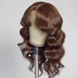 13x6 Skin Melt Lace Front Delicate Hairline Wavy Brown Wig with Bang