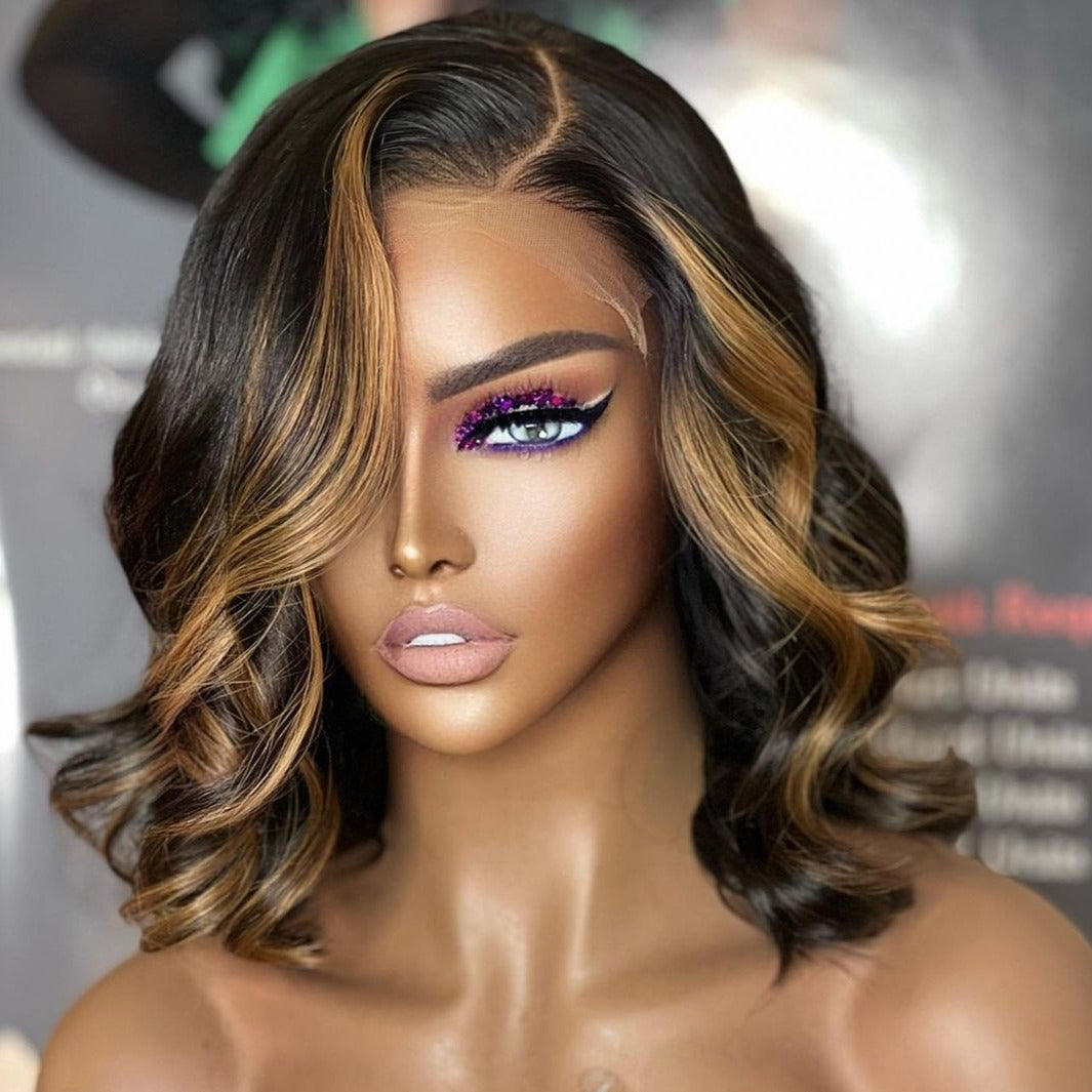 Afsisterwig Brown Highlight Virgin Human Hair Bob Lace Wig