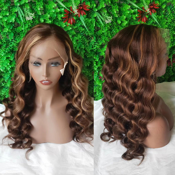 Skin Melt Lace 13x6 Auburn Brown Blonde Highlights Wavy Wig with Delicate Hairline