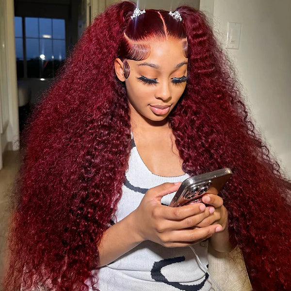 5x5/13x6 Burgundy 99J Pre-Plucked Human Hair Lace Deep Wave Wig