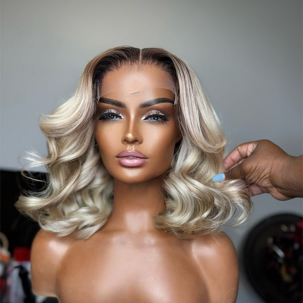 Ombre Ashy Blonde Human Hair Body Wave Bob Lace Front Wig