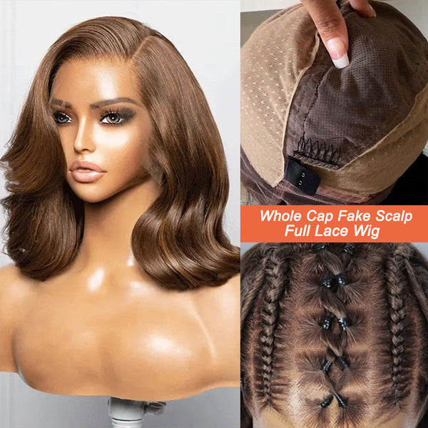 Full Lace Fake Scalp Free Parting Preplucked Human Hair Light Brown Yaki Bob Wig (Live)