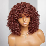 Full Machine Made Auburn Reddish Brown Curly Human Hair Wig with Bang
