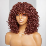 Full Machine Made Auburn Reddish Brown Curly Human Hair Wig with Bang