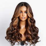 13x6 Skin Melt Lace Front Ombre Brown with Blonde Highlight Body Wave Wig Delicate Hairline