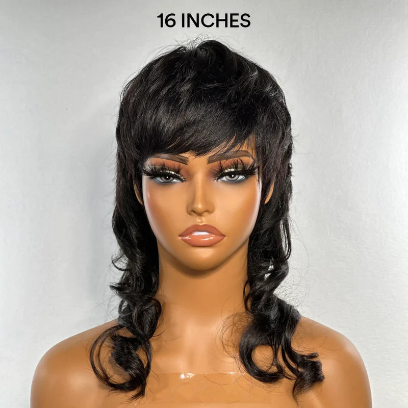 Full Machine Made Mullet Layered Pixie Human Hair Wig with Bang