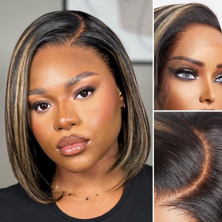 Ombre Blonde Highlight Preplucked Human Hair Bob Lace Front Wig