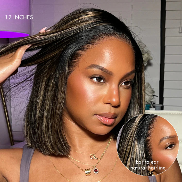 Ombre Blonde Highlight Preplucked Human Hair Bob Lace Front Wig