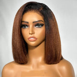 Full Lace Fake Scalp Free Parting Preplucked Human Hair Ombre Brown Kinky Bob Wig