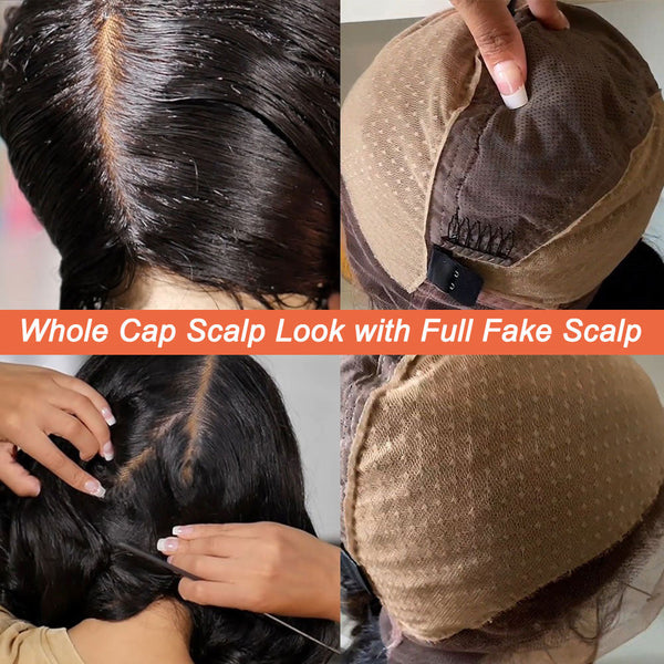 Full Lace Fake Scalp Free Parting Preplucked Human Hair Ombre Brown Kinky Bob Wig