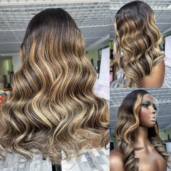 13x6 / 9x6 Knot-Free Fitted Cap Ombre Highlight Wavy Lace Wig