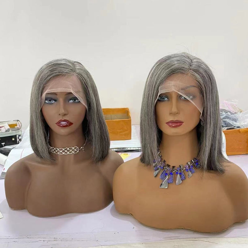 Grey Bob Salt and Pepper Virgin Human Hair Lace Front Bob Frontal Wig