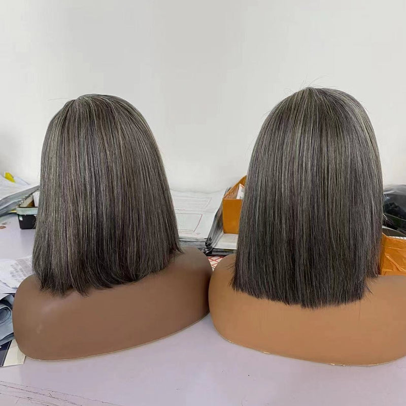 Grey Bob Salt and Pepper Virgin Human Hair Lace Front Bob Frontal Wig