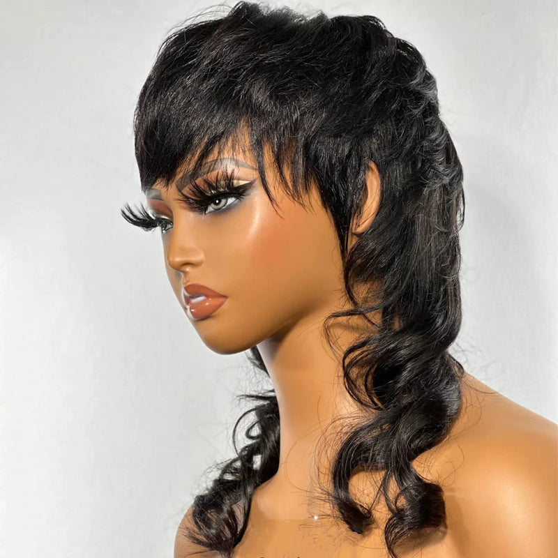 Full Machine Made Mullet Layered Pixie Human Hair Wig with Bang