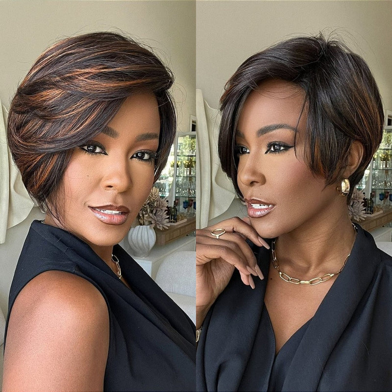 Honey Brown Highlight Side Part Pixie Cut Preplucked Human Hair Lace Wig
