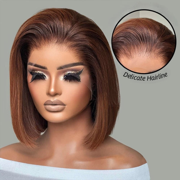 Glueless Knot-Free 13x6 Fitted Cap 250% Skin Melt Lace Front Wig Ombre Brown Bob