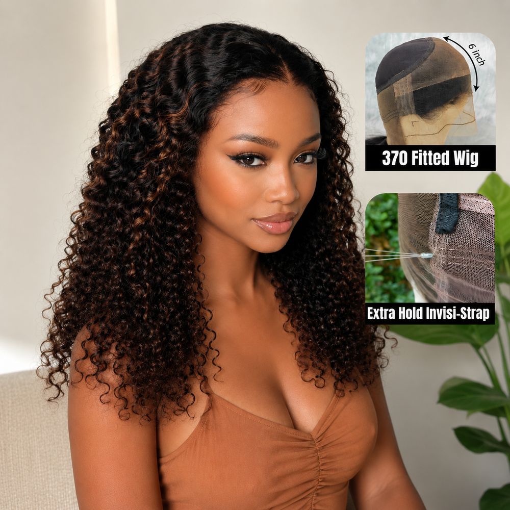 370 Fitted Cap Invisible Strap Skin Melt Lace Frontal Wig Highlight Burmese Curls