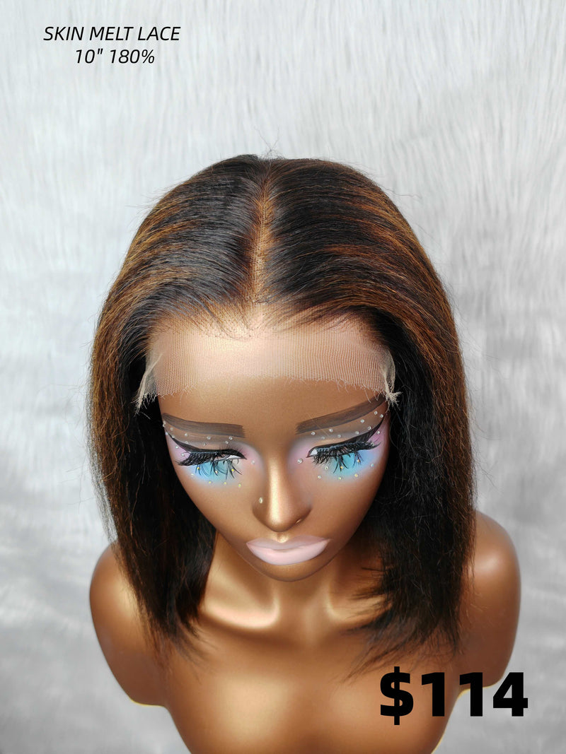 {LAST-PIECE-CLEARANCE} 7X5 HD Skin Melt Lace Drawstring Yaki Highlight Human Hair Bob Wig