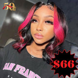 {50% Off} Pink Highlight 13x4 Human Hair Colored Wavy Bob Lace Front Wig