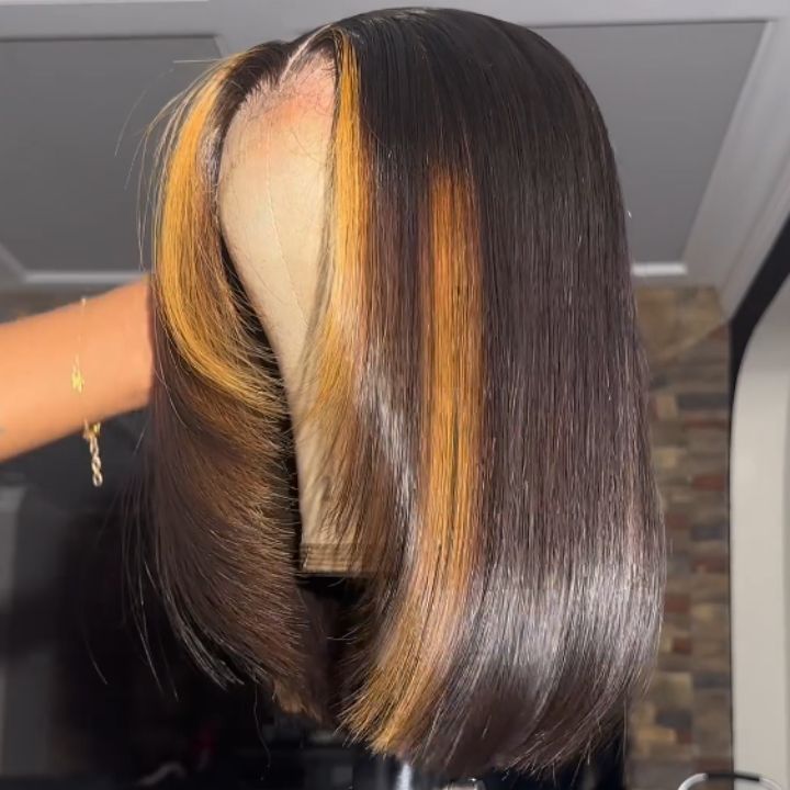 Blonde Highlight Layered Bob Human Hair Bob Lace Front Wig