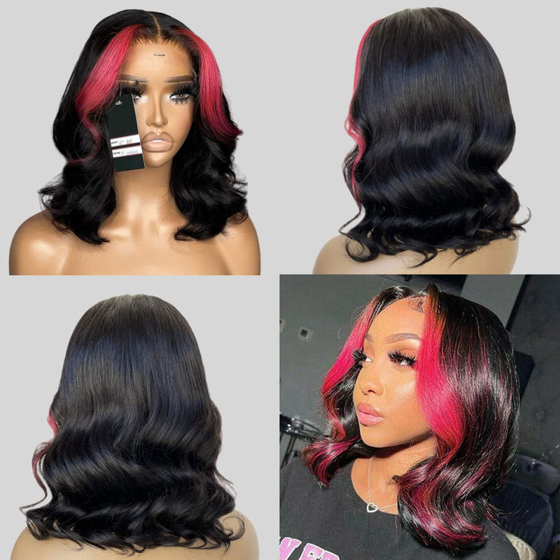 {50% Off} Pink Highlight 13x4 Human Hair Colored Wavy Bob Lace Front Wig