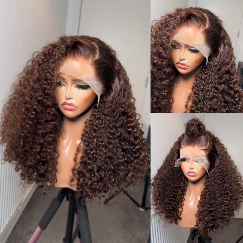 13x6 Full Hair Transparent Lace Human Hair 250% Density Frontal Wig Burmese Curls Brown