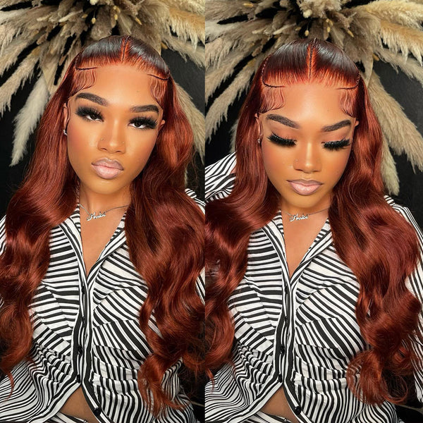 13x6 Full Hair Transparent Lace Human Hair 250% Frontal Wig Auburn Body Wave Reddish Brown