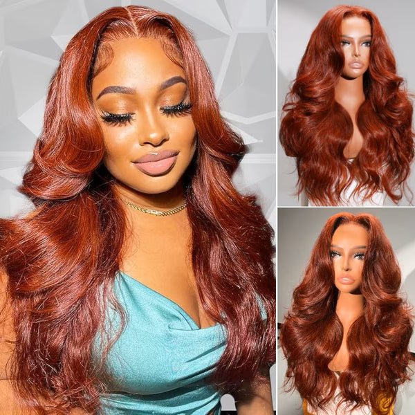 13x6 Full Hair Transparent Lace Human Hair 250% Frontal Wig Auburn Body Wave Reddish Brown