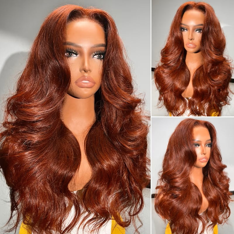 13x6 Full Hair Transparent Lace Human Hair 250% Frontal Wig Auburn Body Wave Reddish Brown